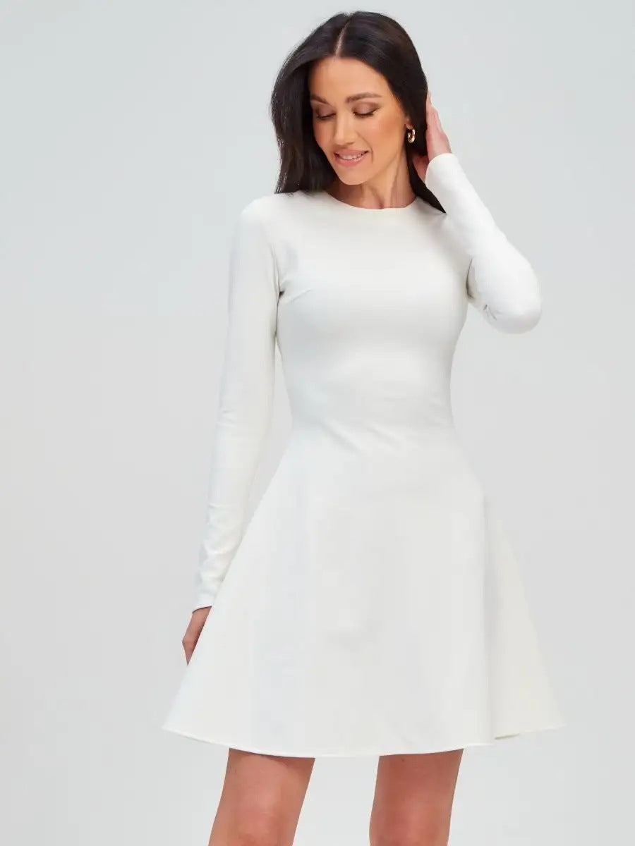 Long Sleeve Knitted Office Dress – Solid Color Round Neck Waist-Fit Casual Dress