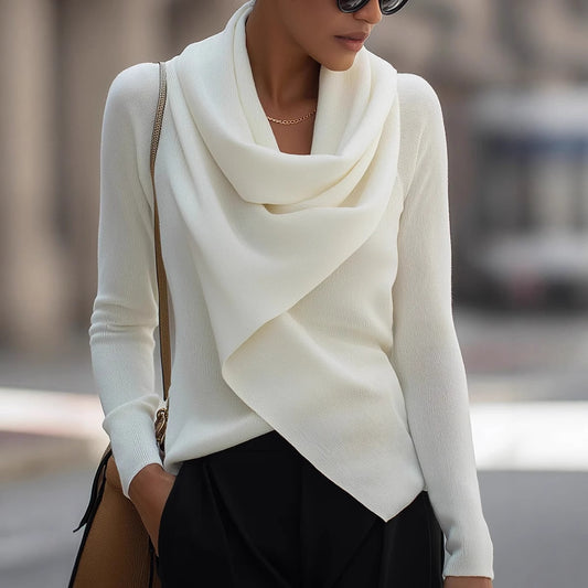Personality Draped Collar Irregular Solid Color Knitted Sweater