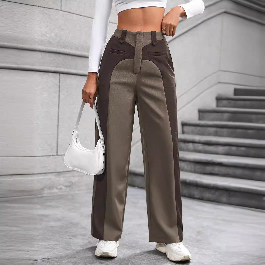 “Women’s High-Waist Patchwork Wide-Leg Pants – Slimming Casual Work Trousers”