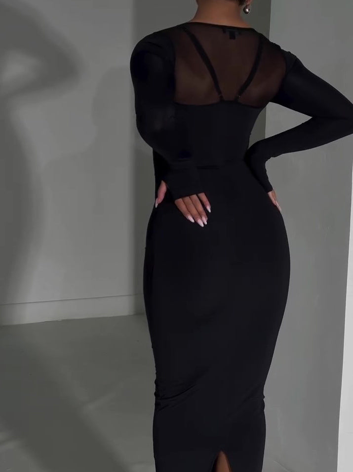 Black Bodycon Midi Dress – Rhinestone Chain Party Dress with Mesh Sleeves