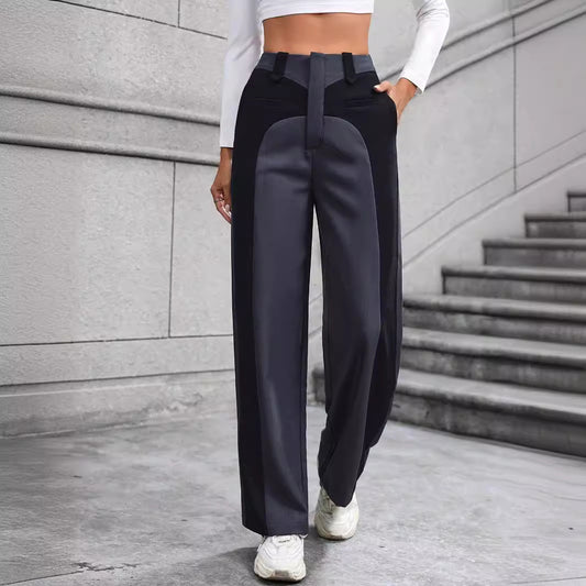 “Women’s High-Waist Patchwork Wide-Leg Pants – Slimming Casual Work Trousers”