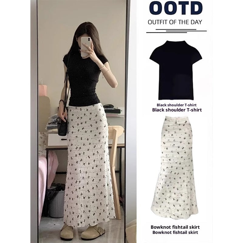 “Women’s White Bow Floral Fishtail Midi Skirt – Elegant Mermaid Style”