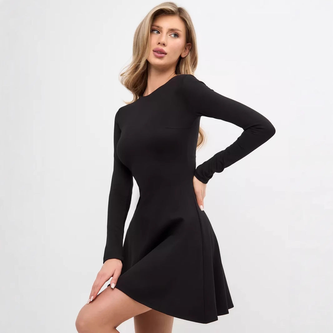Long Sleeve Knitted Office Dress – Solid Color Round Neck Waist-Fit Casual Dress