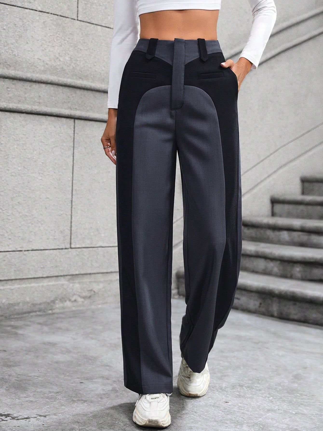 “Women’s High-Waist Patchwork Wide-Leg Pants – Slimming Casual Work Trousers”