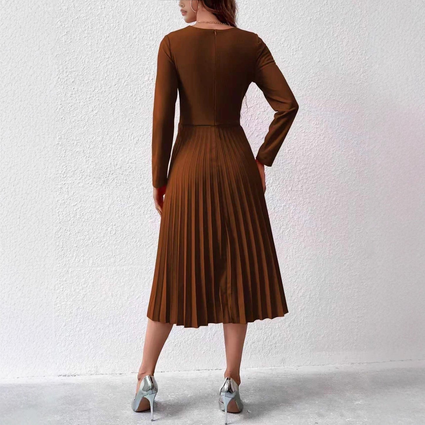Elegant Pleated Slim Dress for Women – Solid Color Waist-Cinching A-Line Midi Dress