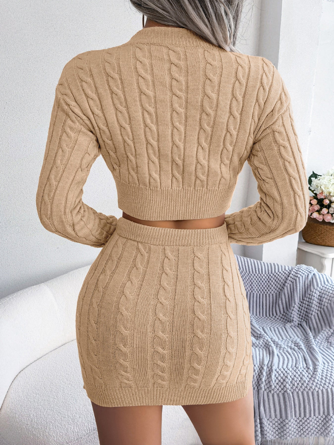 Cable Knit Sweater Dress Set – Women’s Cropped Sweater & Bodycon Two-Piece Outfit