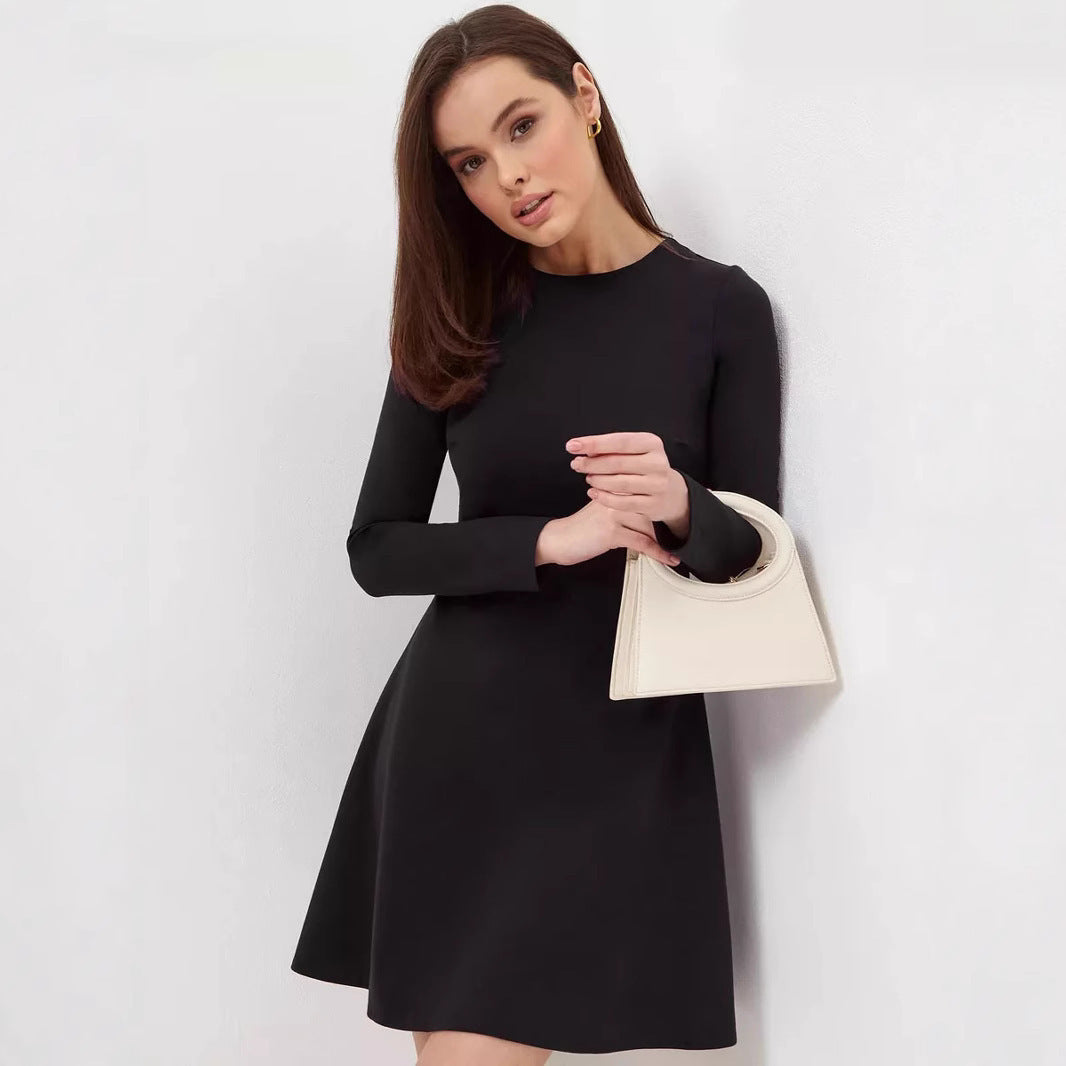 Long Sleeve Knitted Office Dress – Solid Color Round Neck Waist-Fit Casual Dress