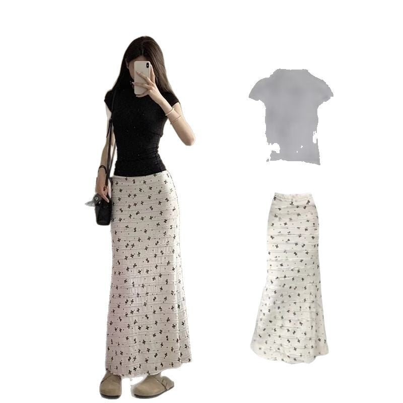 “Women’s White Bow Floral Fishtail Midi Skirt – Elegant Mermaid Style”