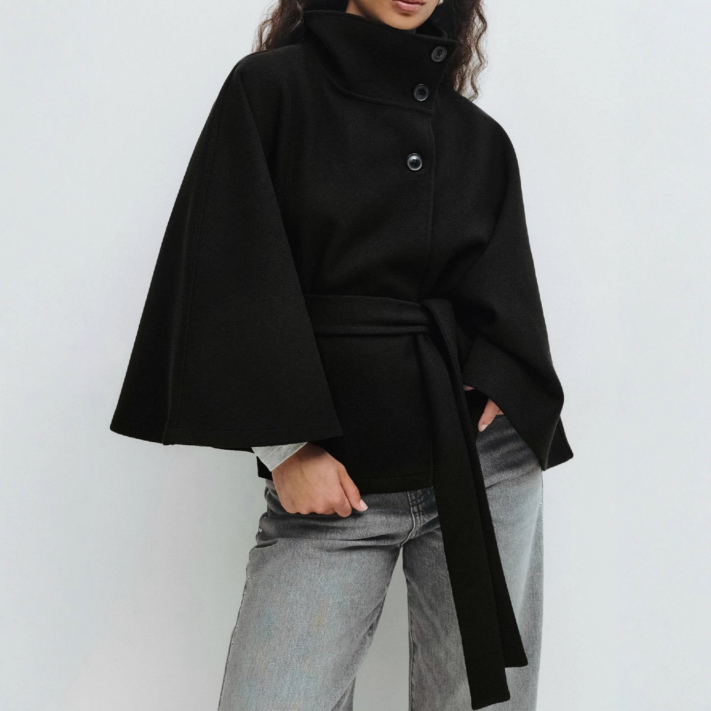 Stand Collar Trench Coat for Women – Solid Color Elegant Long Overcoat