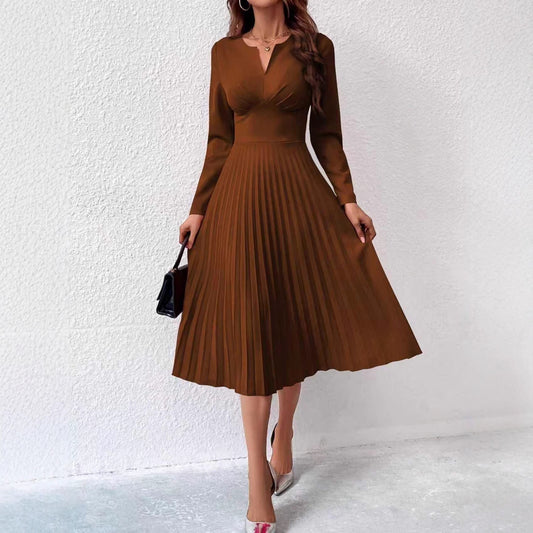 Elegant Pleated Slim Dress for Women – Solid Color Waist-Cinching A-Line Midi Dress