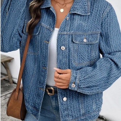 Women’s Denim Button Down Jacket – Blue Double Pocket Textured Jean Jacket