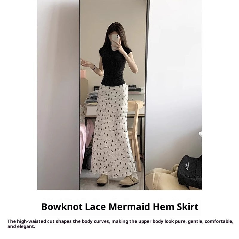 “Women’s White Bow Floral Fishtail Midi Skirt – Elegant Mermaid Style”