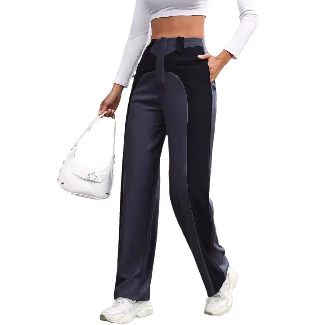 “Women’s High-Waist Patchwork Wide-Leg Pants – Slimming Casual Work Trousers”