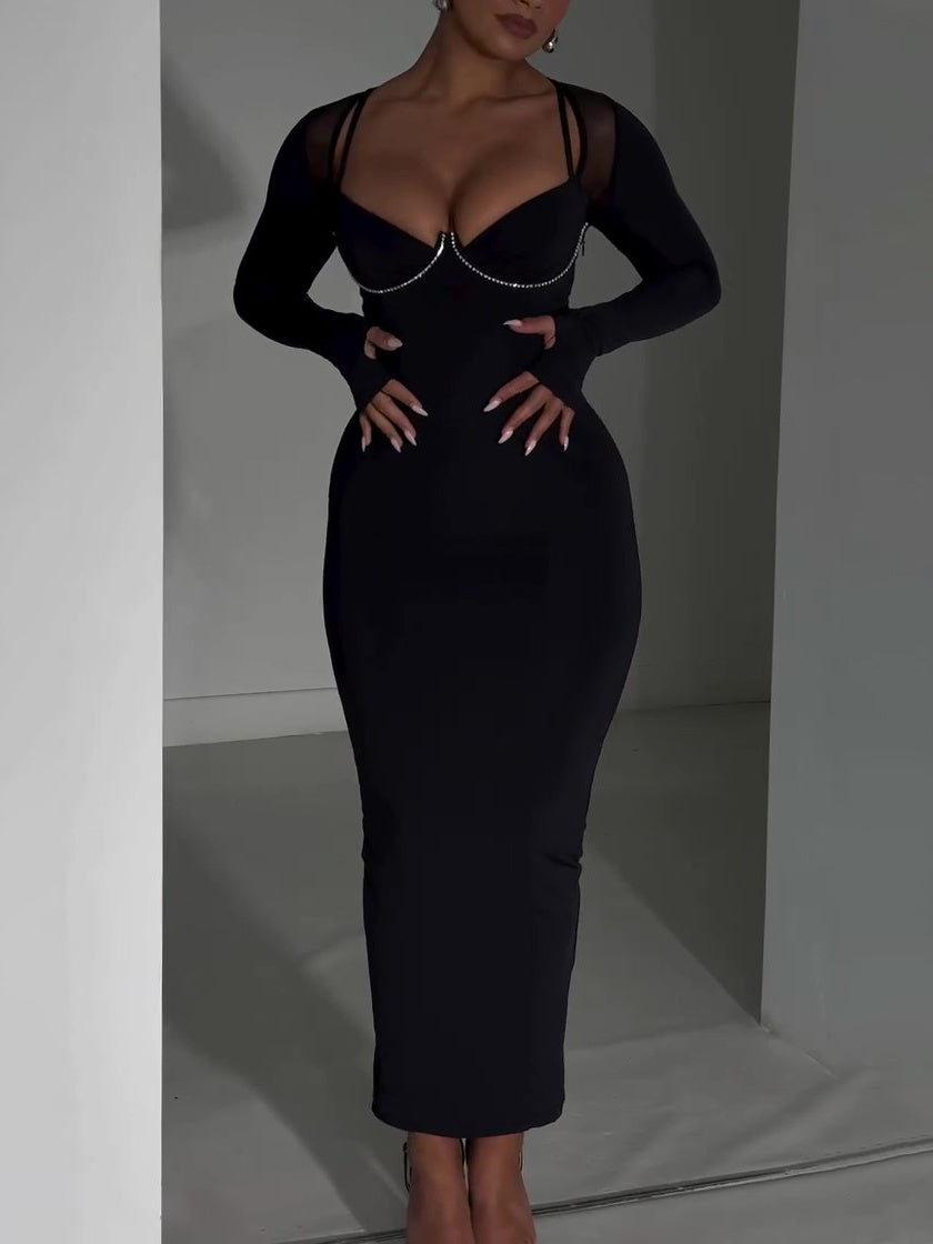 Black Bodycon Midi Dress – Rhinestone Chain Party Dress with Mesh Sleeves