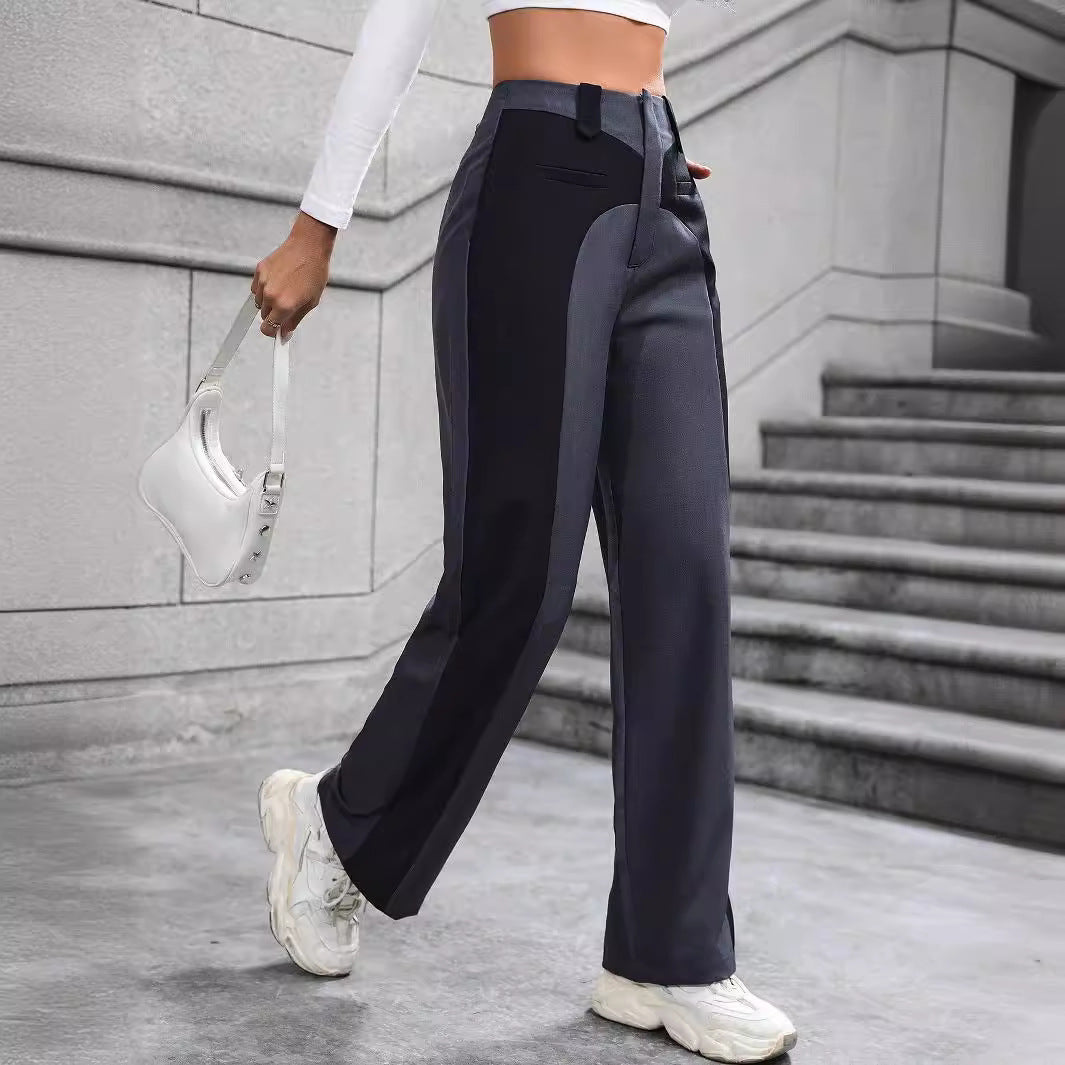 “Women’s High-Waist Patchwork Wide-Leg Pants – Slimming Casual Work Trousers”