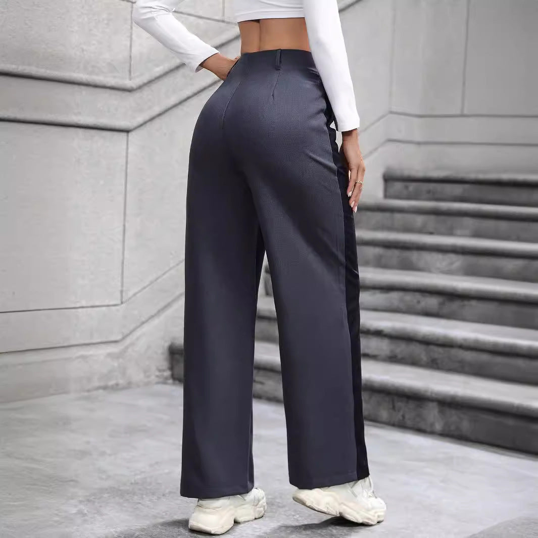 “Women’s High-Waist Patchwork Wide-Leg Pants – Slimming Casual Work Trousers”