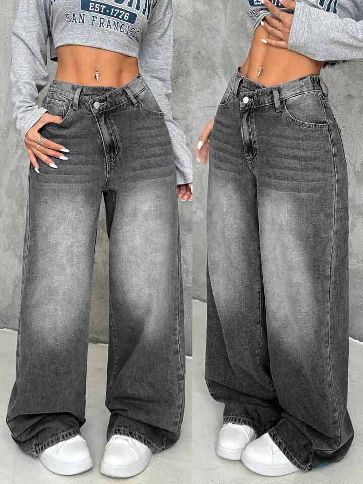 Loose Straight Leg Jeans for Women – Casual High-Waist Washed Denim Pants