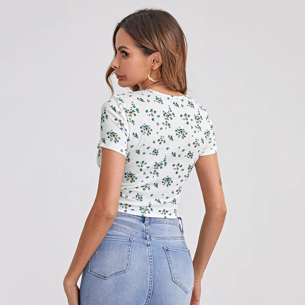 Square Neck Floral Top – Women’s Casual Short Sleeve Printed Blouse
