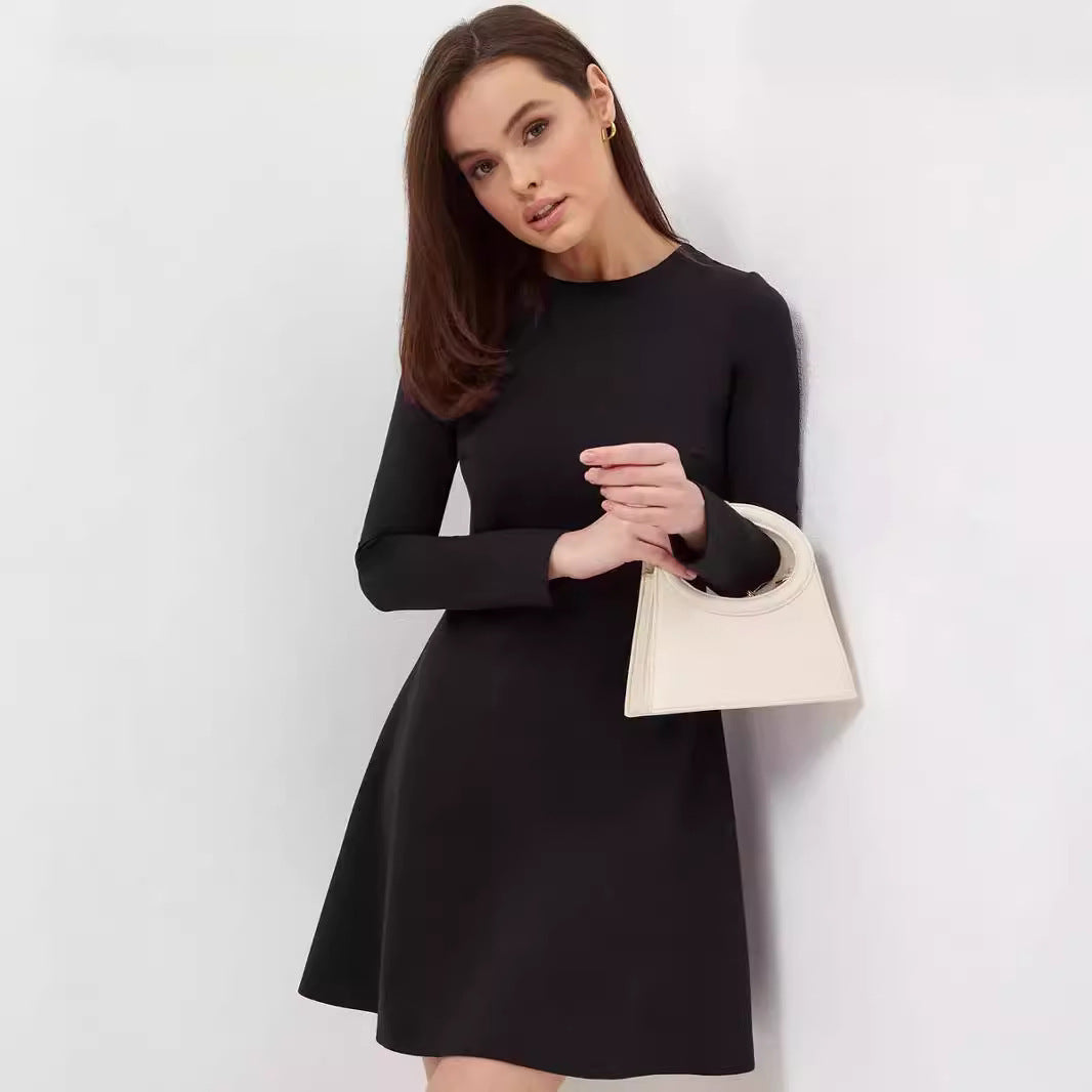 Long Sleeve Knitted Office Dress – Solid Color Round Neck Waist-Fit Casual Dress