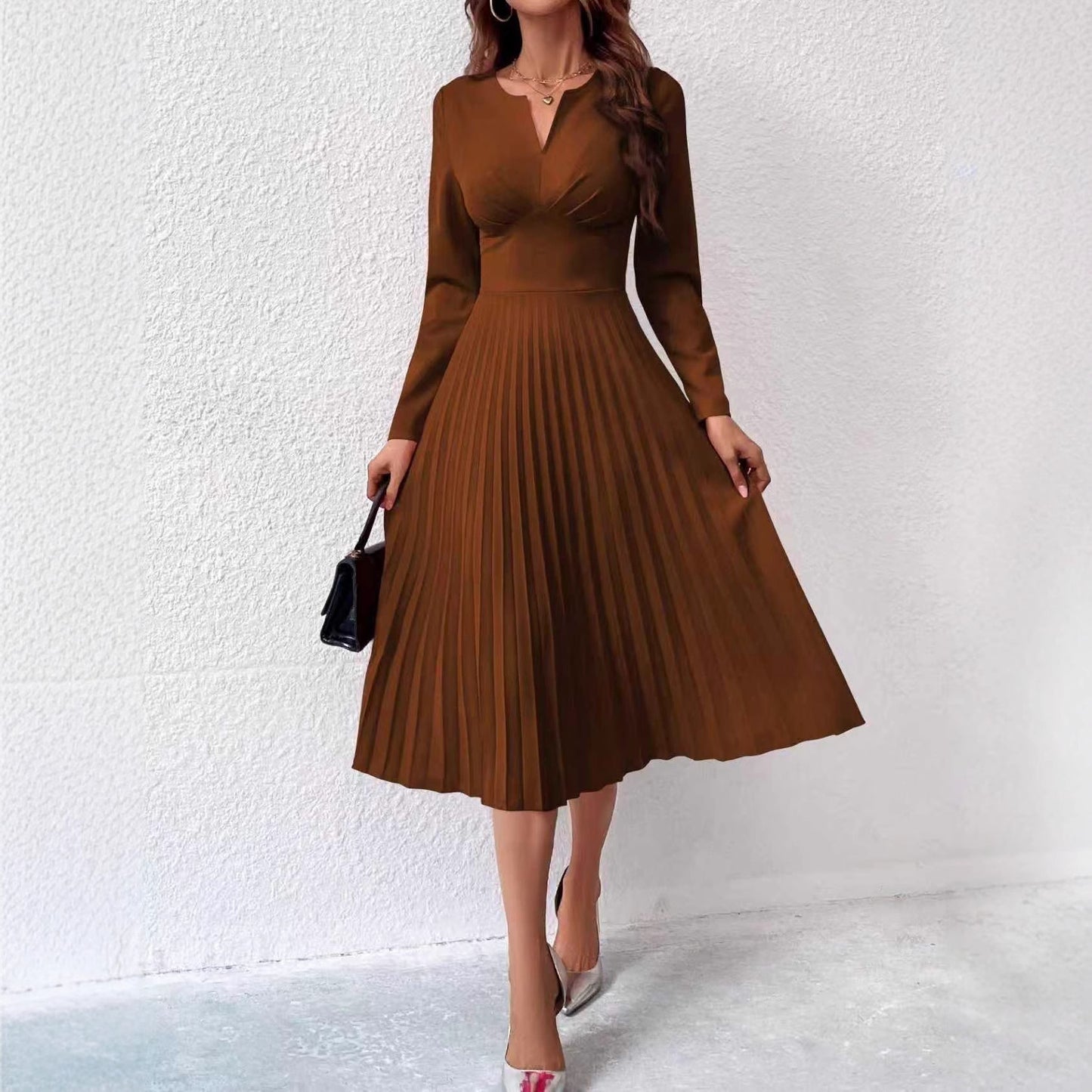 Elegant Pleated Slim Dress for Women – Solid Color Waist-Cinching A-Line Midi Dress