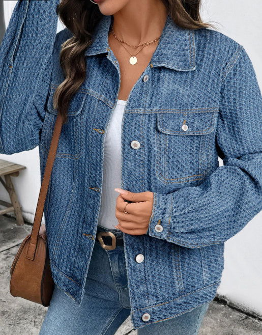 Women’s Denim Button Down Jacket – Blue Double Pocket Textured Jean Jacket