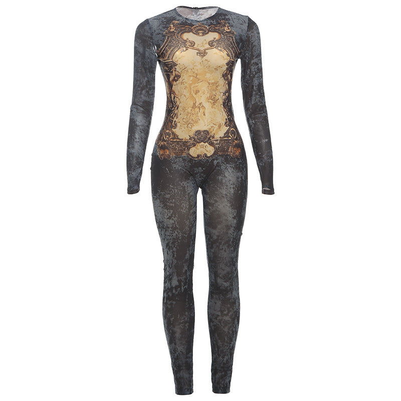 “MeshGlam Printed Zip-Up Long Sleeve Jumpsuit”