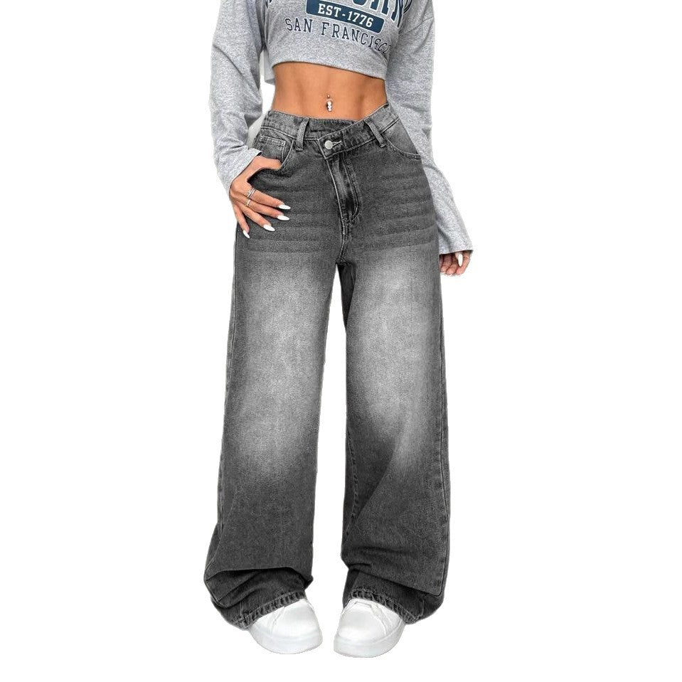Loose Straight Leg Jeans for Women – Casual High-Waist Washed Denim Pants
