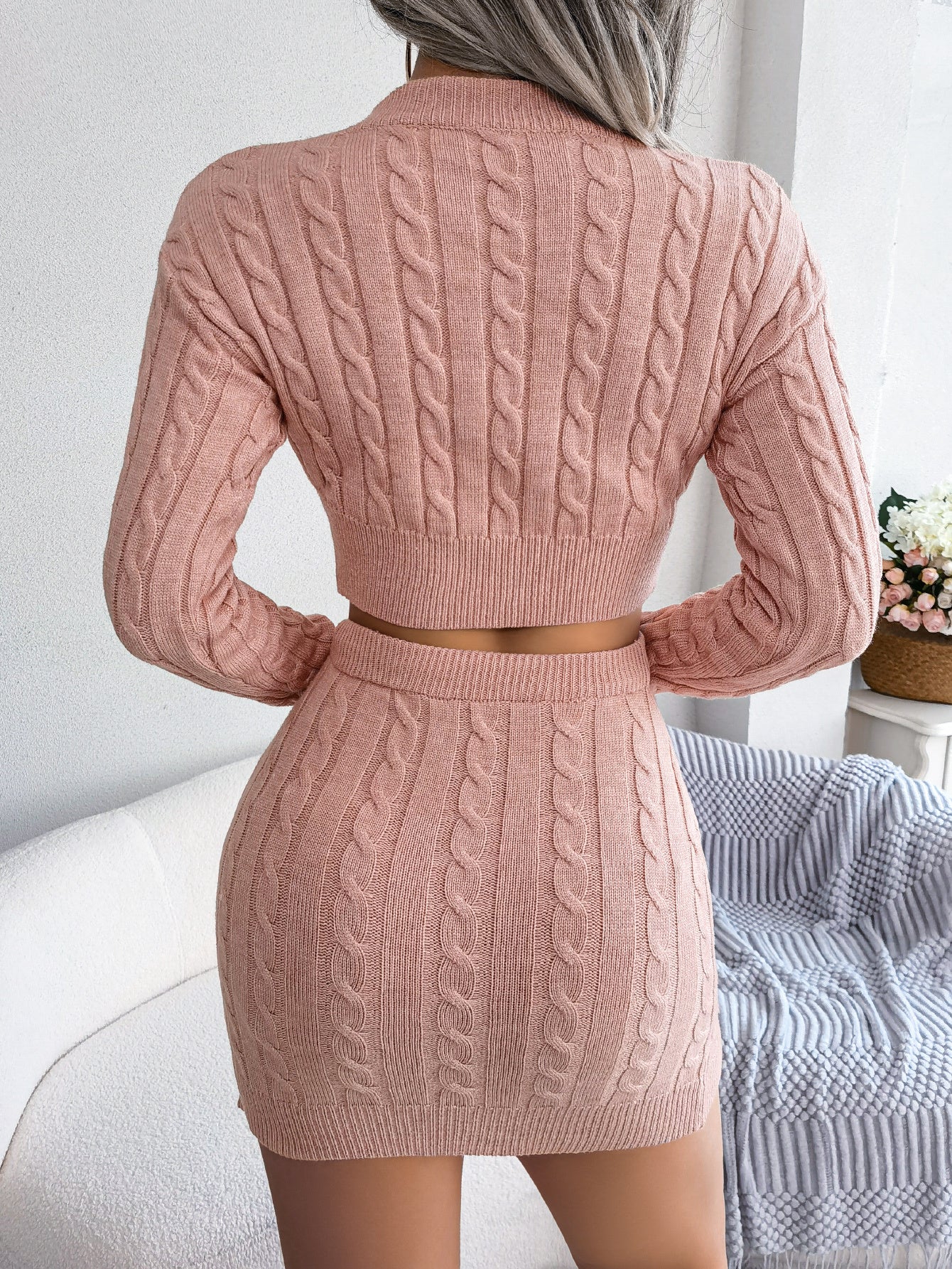 Cable Knit Sweater Dress Set – Women’s Cropped Sweater & Bodycon Two-Piece Outfit