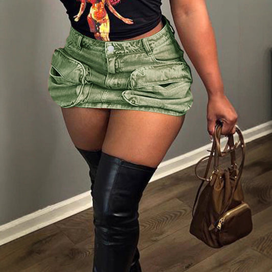 “Women’s Straight Workwear Denim Shorts – High-Waist Pocket Design”