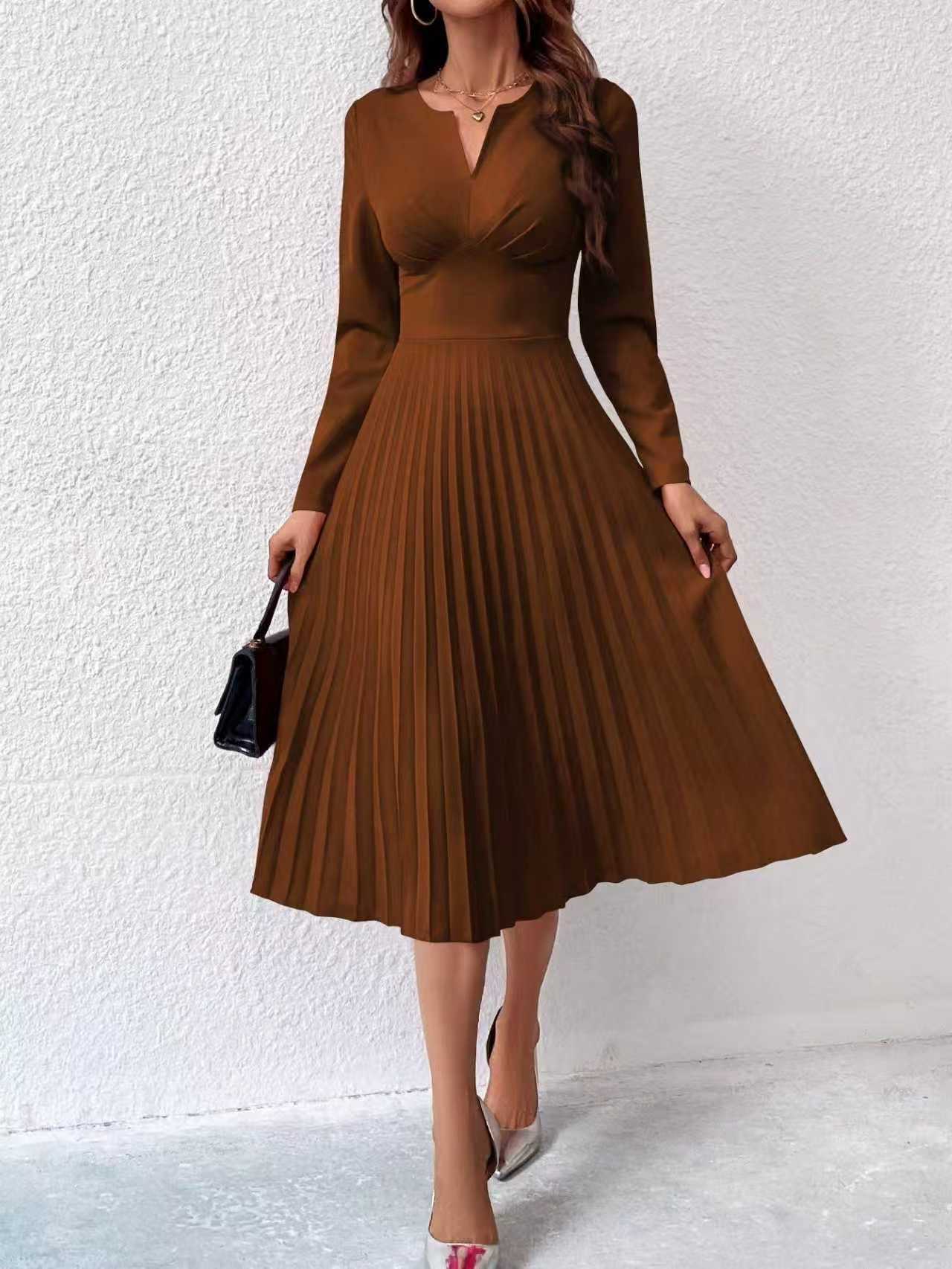 Elegant Pleated Slim Dress for Women – Solid Color Waist-Cinching A-Line Midi Dress