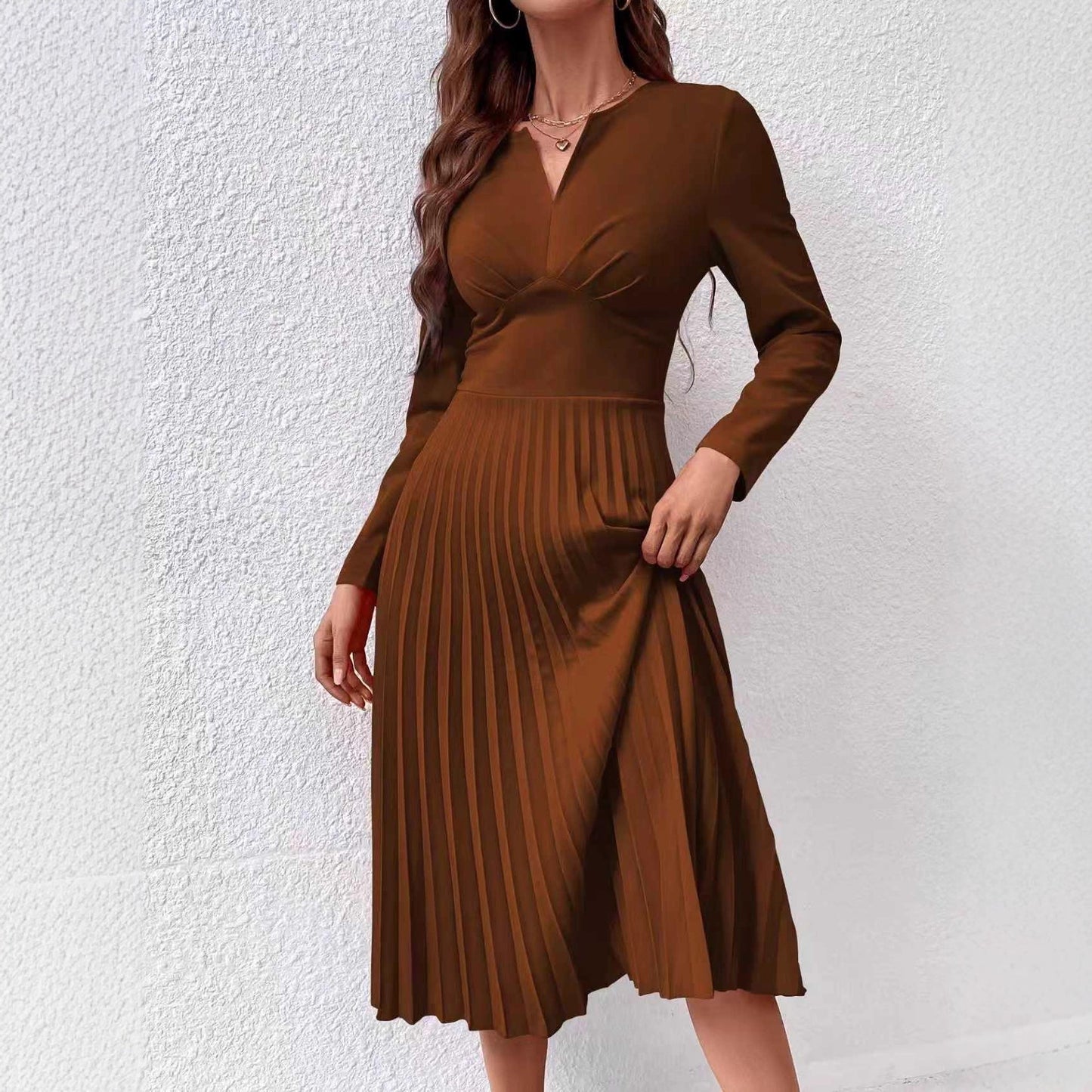 Elegant Pleated Slim Dress for Women – Solid Color Waist-Cinching A-Line Midi Dress