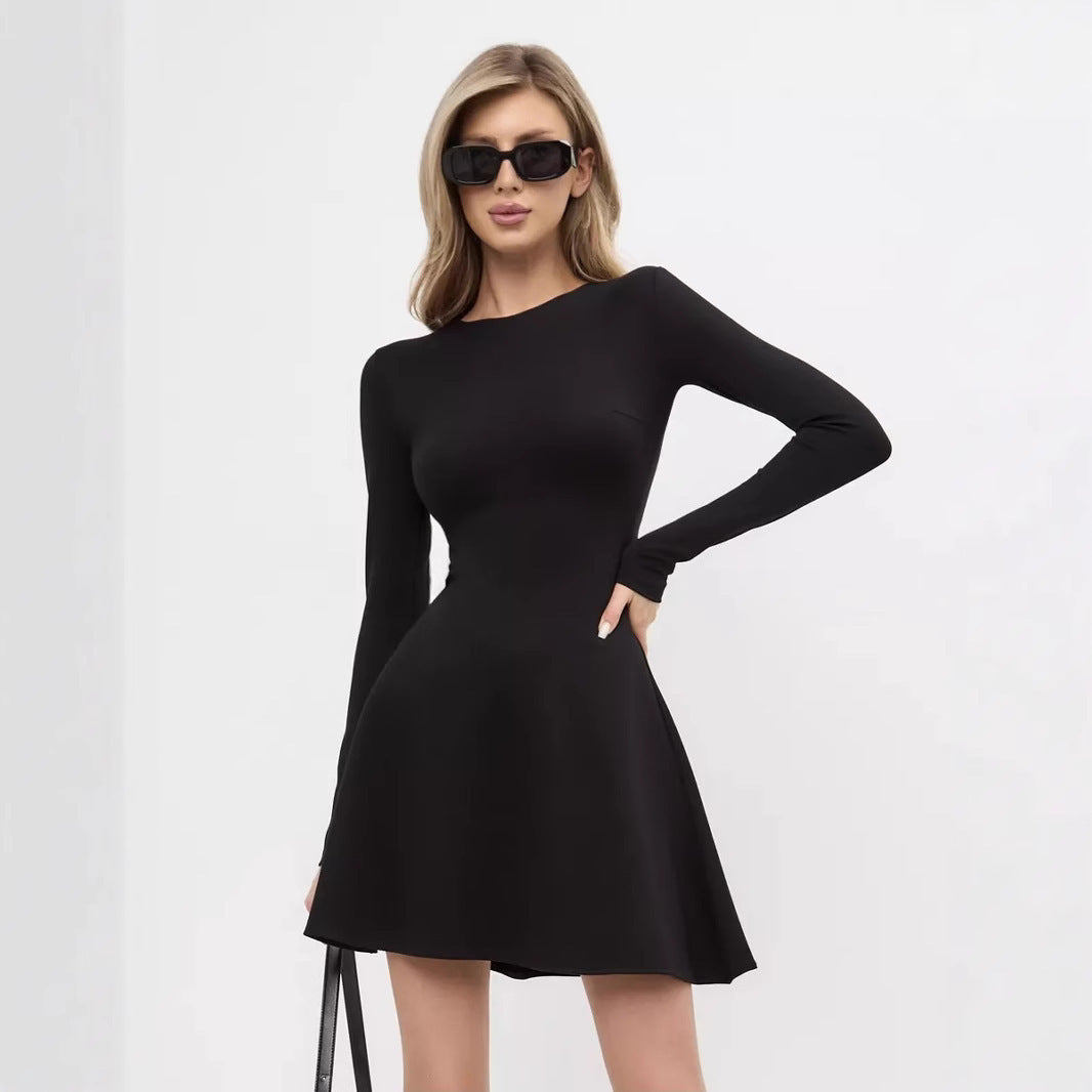 Long Sleeve Knitted Office Dress – Solid Color Round Neck Waist-Fit Casual Dress