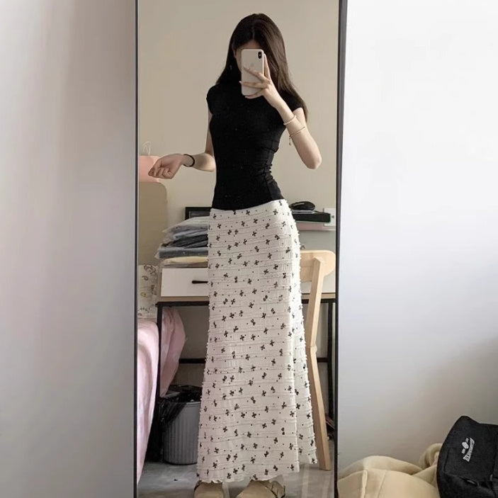 “Women’s White Bow Floral Fishtail Midi Skirt – Elegant Mermaid Style”